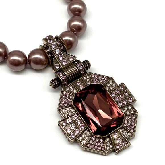 💎 Heidi Daus Dazzling Art Deco Mauve Pearl Pendant Crystal Necklace 17-21” EUC 💎 - Picture 3 of 16